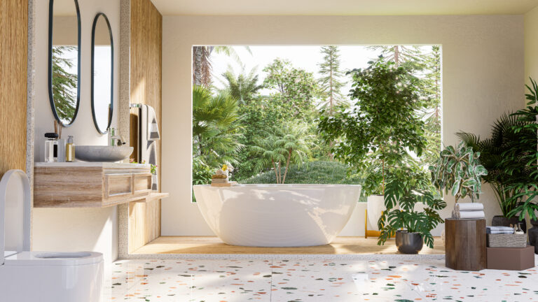 A modern bathroom interior design with a large window immersing the room with natural light and nature.